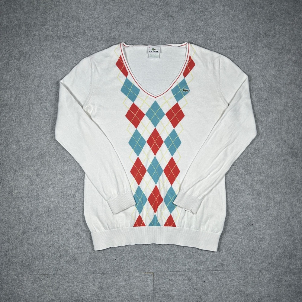 Lacoste V Neck Sweater Womens 44 White Argyle Pullover Cotton Preppy Classic
